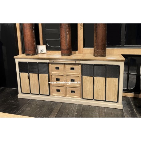 Buffet Enfilade Style Industriel Bois et Métal 3 portes coulissantes Réf.AEU33 Gris Clair