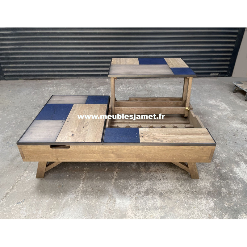 Table basse deux plateaux relevables chêne et métal MESNIL EN OUCHE