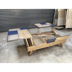 Table basse deux plateaux relevables chêne et métal MESNIL EN OUCHE