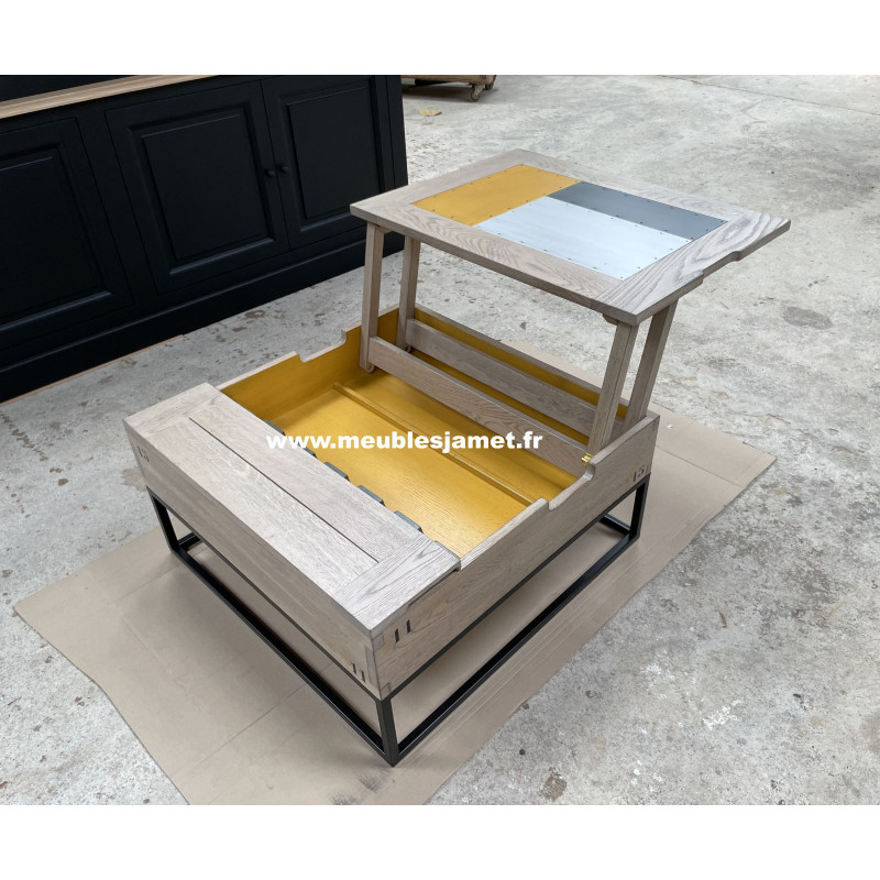 Table basse plateau relevable chêne et métal