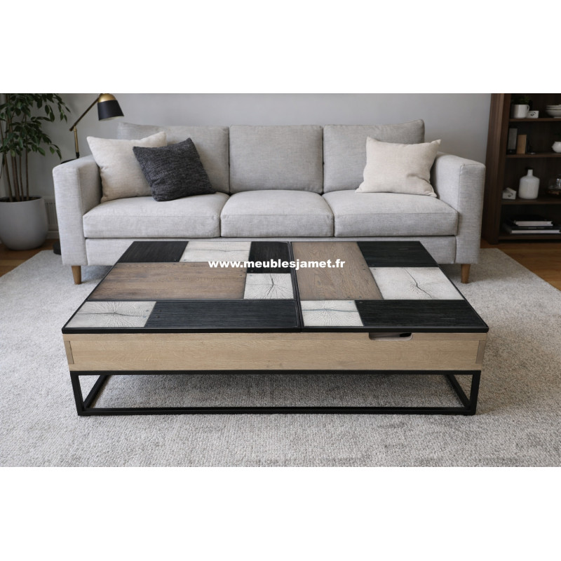 Table basse plateau relevable Style PATCHWORK de chêne